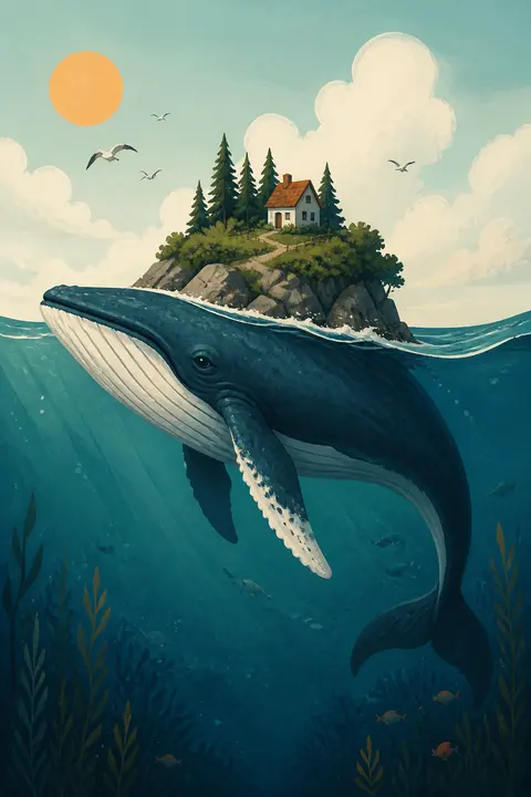 Textured Flat Art: Whale Carrying a Miniature Island