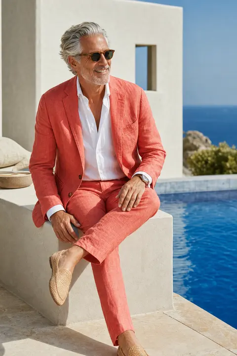 Coral Linen Suit by the Mediterranean