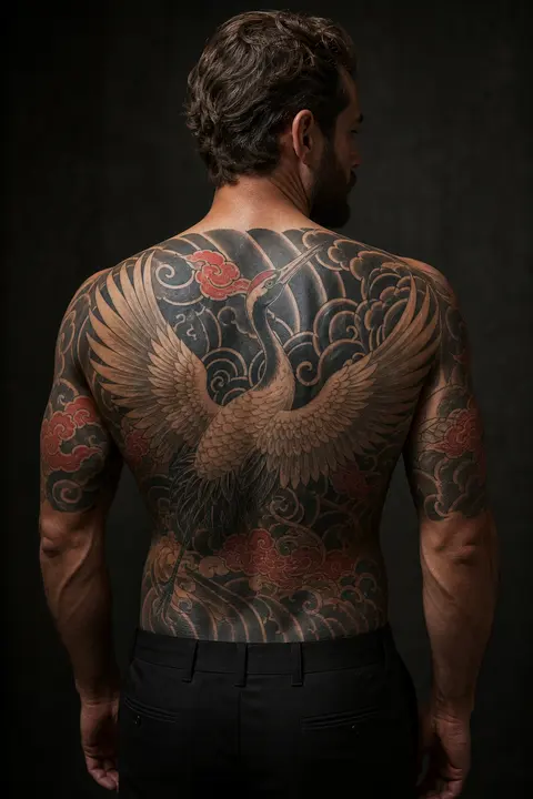 Japanese Crane and Cloud Full Back Tattoo