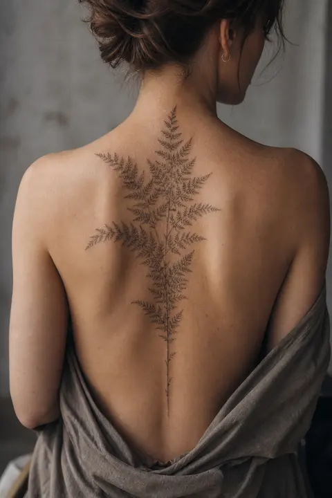 Upper Back Placement — Fine-line Botanical Fern Tattoo