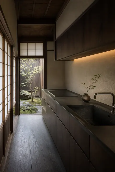 Dark Japanese Machiya Kitchen Facing a Garden