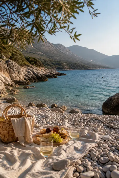 Greek Island Pebble Bay with a Picnic Setup