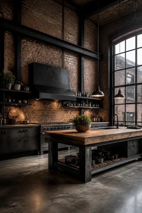 Brick Loft Kitchen with a Steel Range Hood