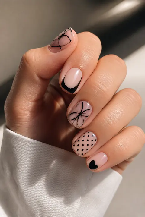 Short Square Nails with Black Line Art on Nude