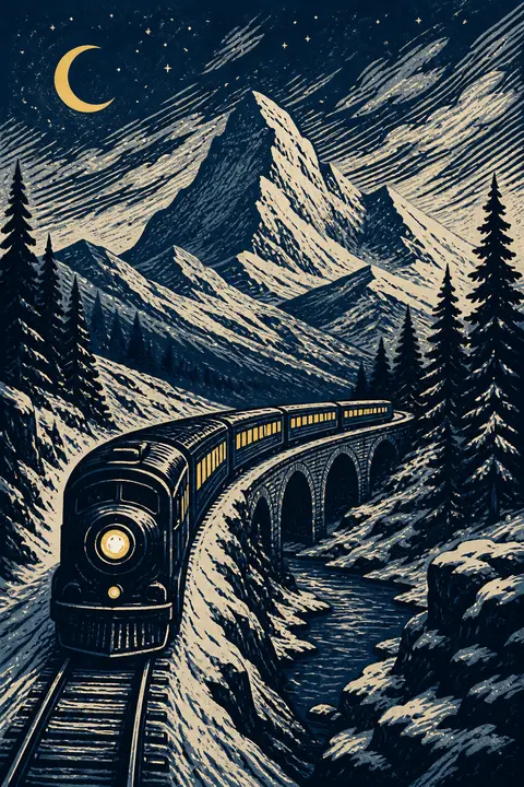 Linocut Print: Night Train through Snowy Mountains