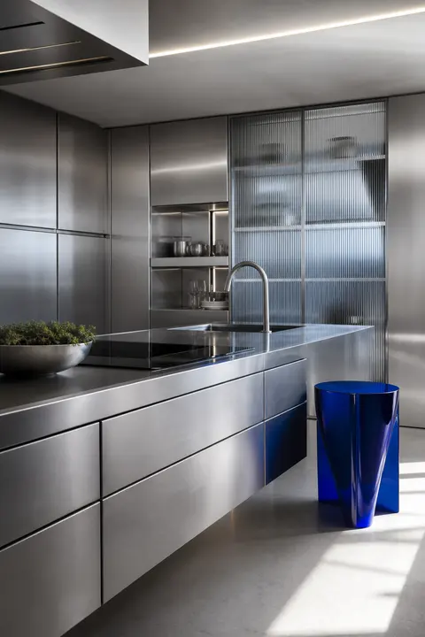 Futuristic Stainless Steel Kitchen with Cobalt Glass