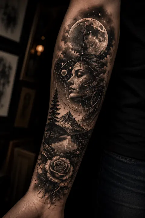 Celestial Woman and Moon Forearm Tattoo