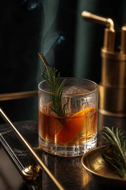 Smoked Rosemary Old Fashioned on a Minimal Home Bar Cart