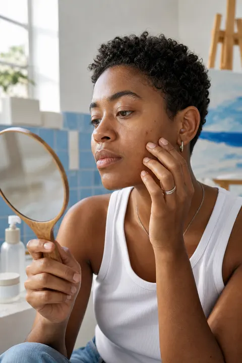 Checking Skin Texture in a Hand Mirror