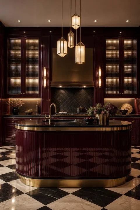 Burgundy Art Deco Kitchen with Brass Trim