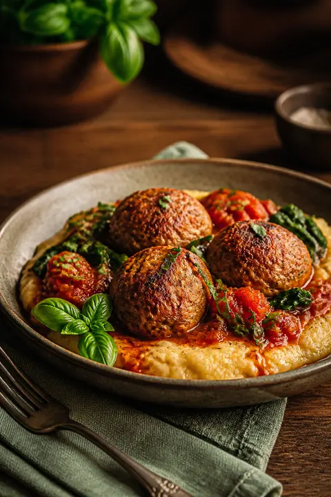Turkey Meatballs with Polenta and Tomato Sauce