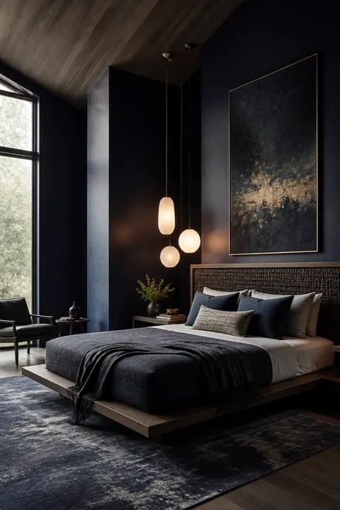 Moody Navy Bedroom with Platform Bed and Pendant