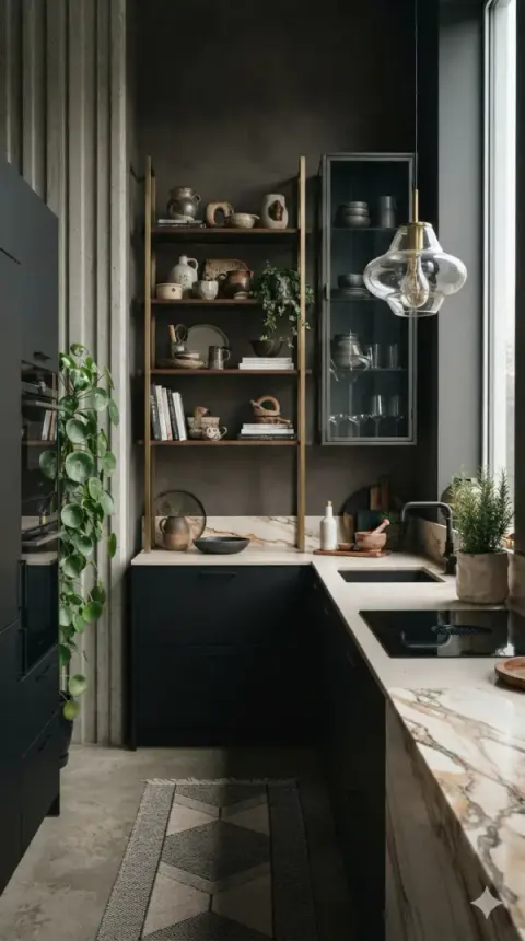 Moody Dark Kitchen With Open Shelving