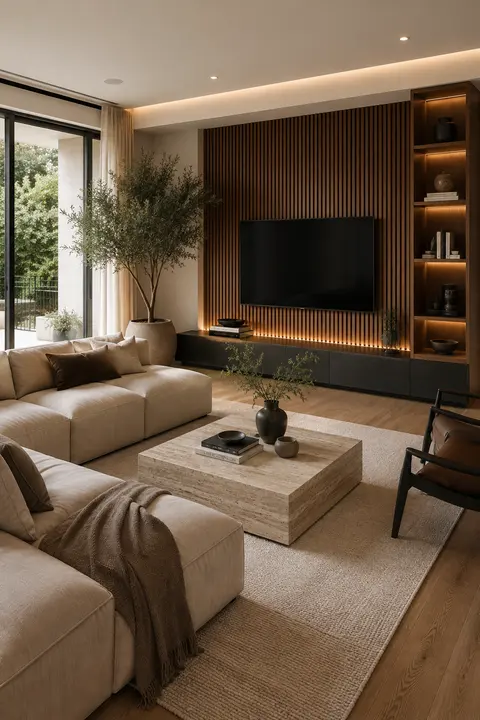 Modern Living Room with Walnut Slat TV Wall