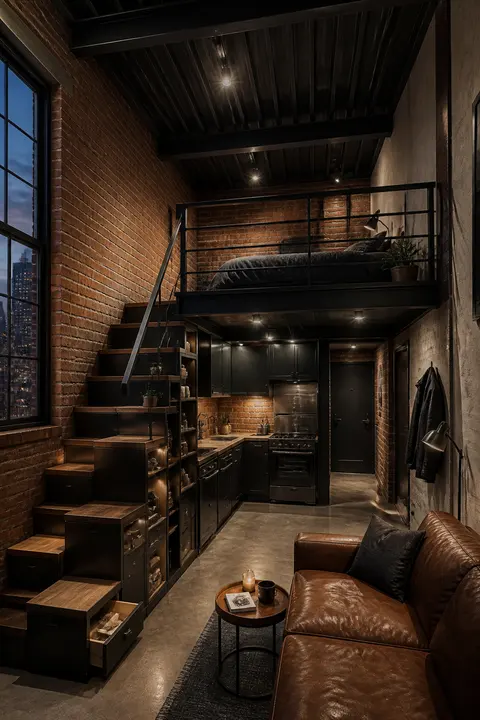 Industrial Micro Loft with a Raised Bed