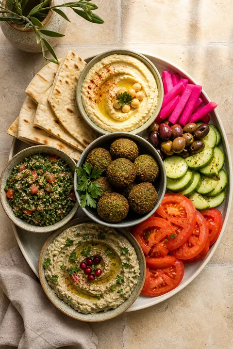 Falafel Mezze Platter with Hummus and Tabbouleh