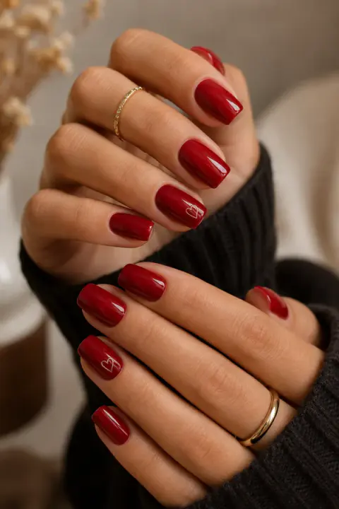 Deep Cherry Red Square Nails With Tiny Gold Hearts