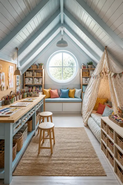 Bright Attic Craft Room with Built-In Storage