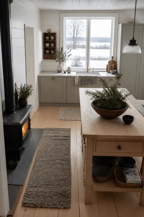 Scandinavian Winter Kitchen with a Wood Stove