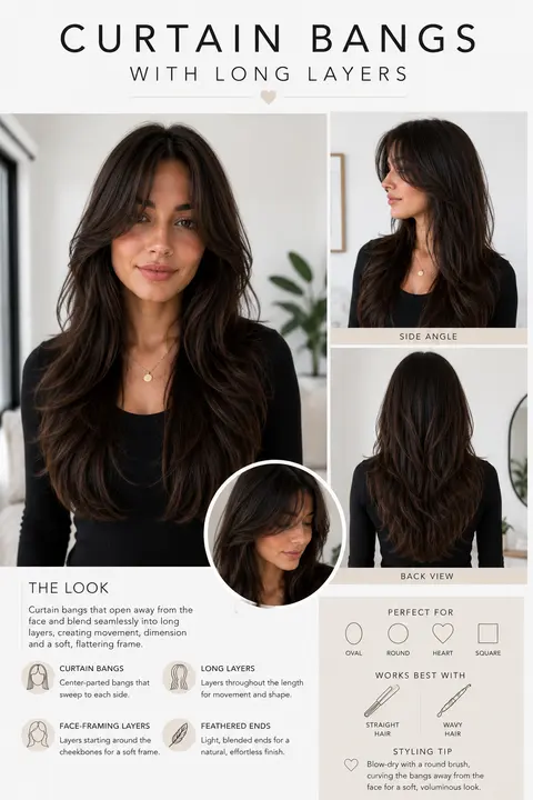Curtain Bangs with Long Dark Brown Layers