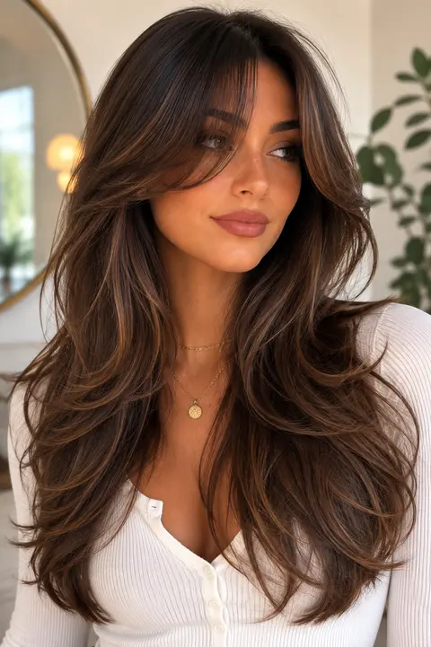 Long Brunette Curtain Bangs with Face-Framing Layers