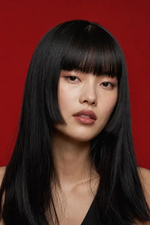 Long Black Hair with Blunt Full Bangs