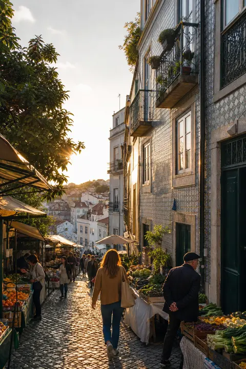 Market Day at Lisbon Tiled Alley at Sunrise