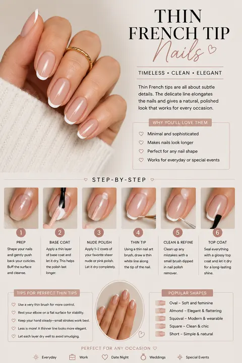 Thin French Tip Nails with Fine White Lines