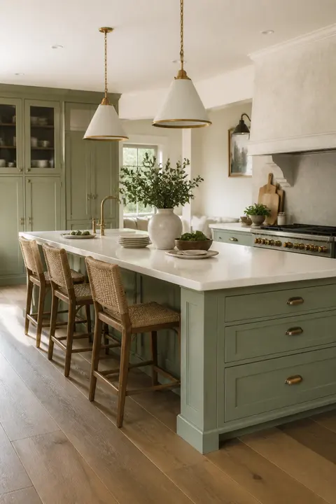 Large Island Seating in Sage Shaker Kitchen
