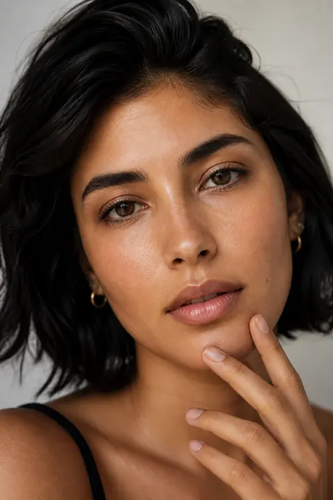 Realistic No-Makeup Makeup: Olive Skin and Dark Bob