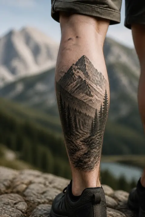 Realistic Mountain Landscape Tattoo for Outer Calf Placement