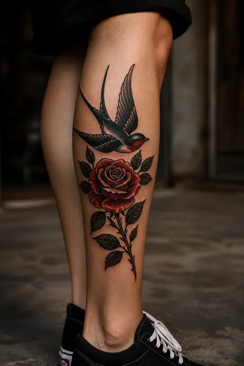 Traditional Swallow and Rose Tattoo for Outer Calf Placement