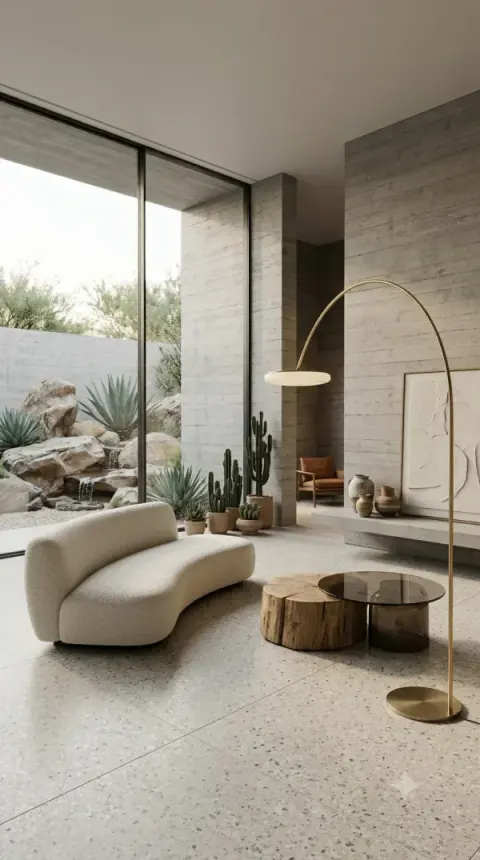 Desert Concrete Living Room With Curved Sofa