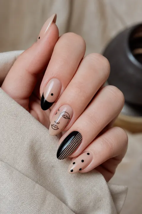 Black Line Art on Nude Medium Almond Nail Design