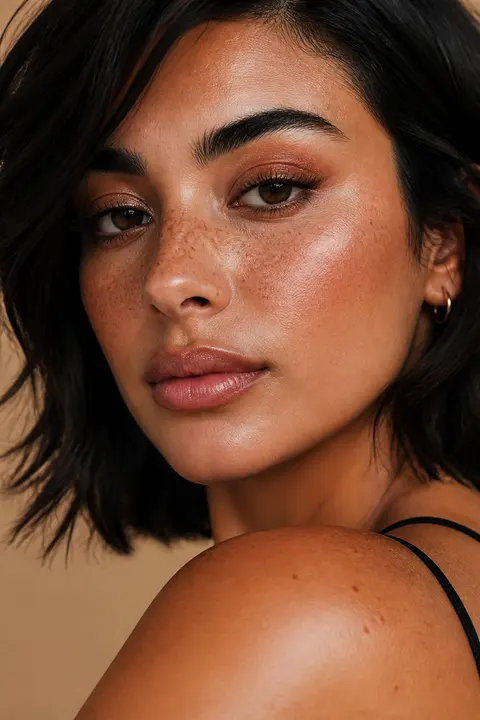 Bronze Sun-Kissed Freckles: Olive Skin and Dark Bob