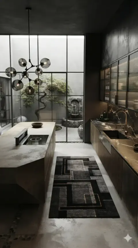 Concrete Kitchen With Courtyard Fountain View