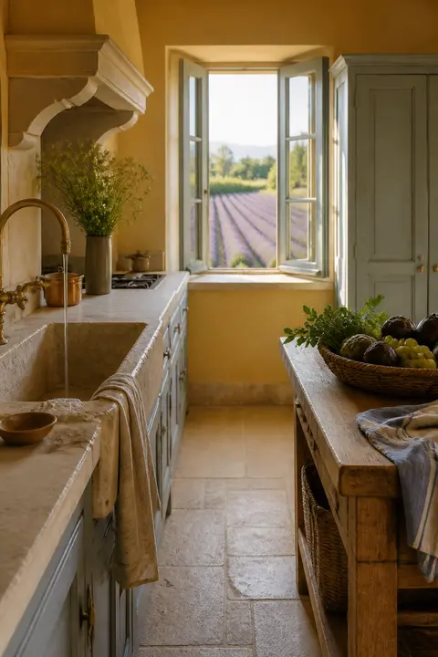 Sunlit Provençal Kitchen with Lavender Views