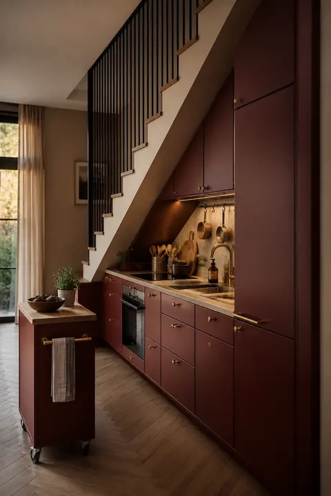 Burgundy Kitchen Built Under a Staircase