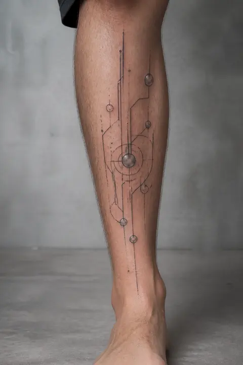 Fine-Line Circuit Tattoo on the Lower Leg