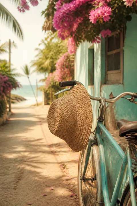 Woven Sun Hat on a Beach Bicycle