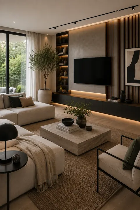 Modern Living Room with Stone TV Wall and Wood Slats