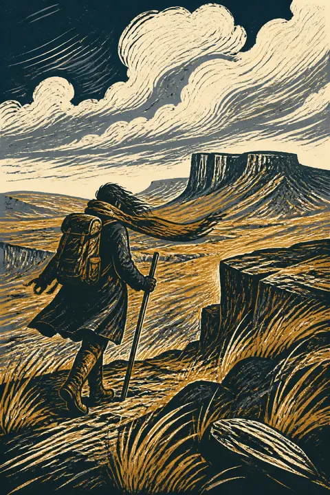 Linocut Print: Traveler Crossing a Windy Plateau