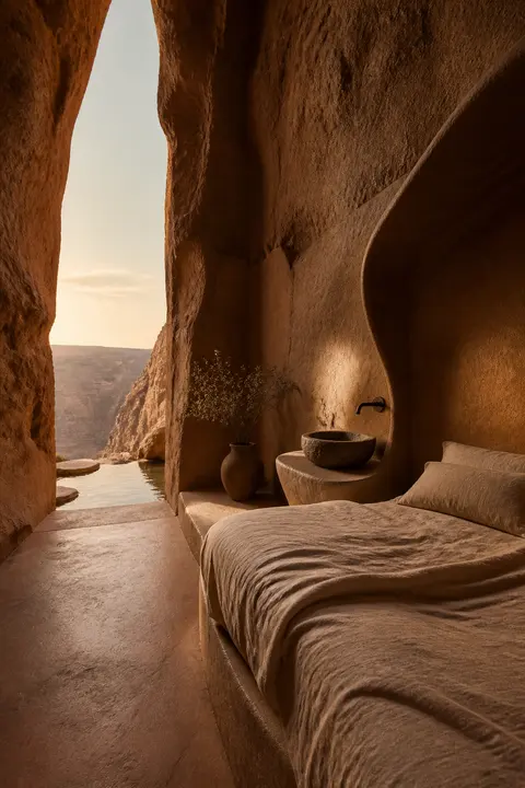 Carved Desert Cave Bedroom at Sunset