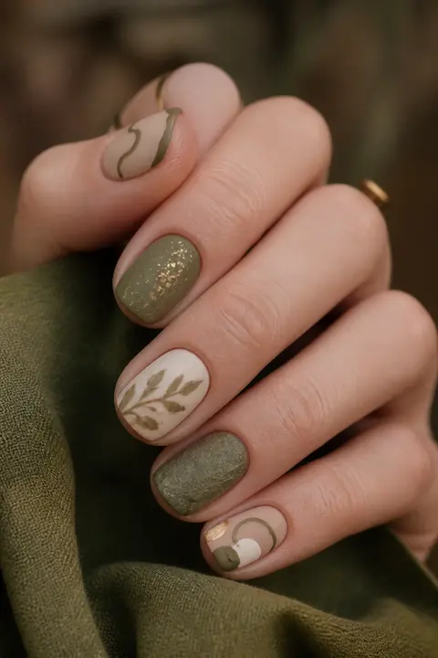 Short Square Nails with Matte Olive Contour