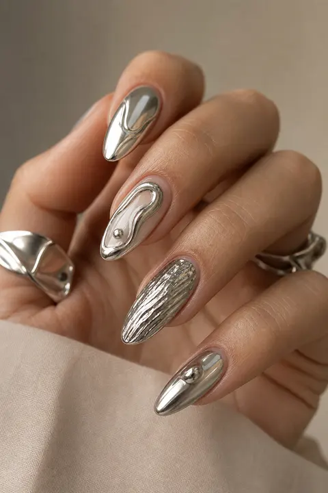 Sculptural Silver Chrome Medium Almond Nail Design