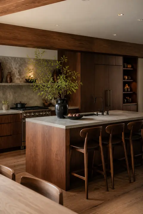 Large Island Seating in Walnut Modern Kitchen