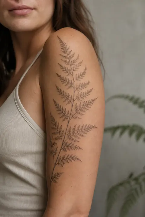 Upper Arm Fine-line Botanical Fern Tattoo