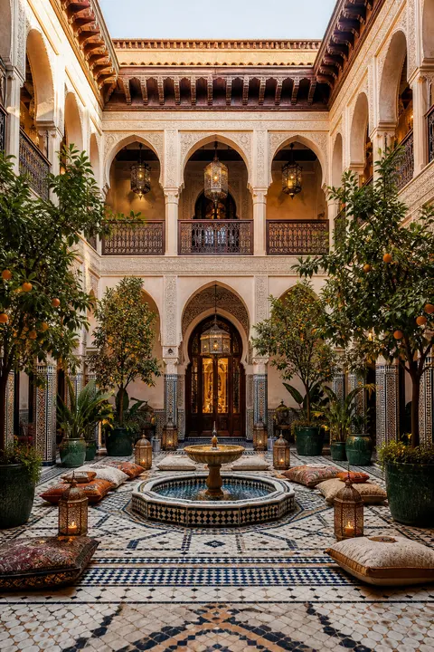 Moroccan Riad Courtyard with Mosaic Fountain