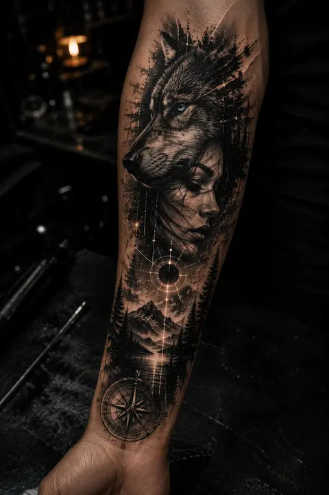 Wolf and Woman Forearm Tattoo with Compass