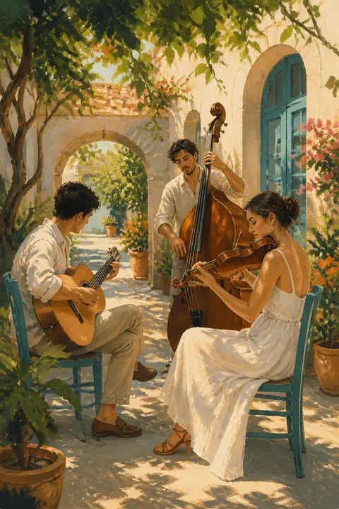 Musicians in a Summer Courtyard in Gouache
